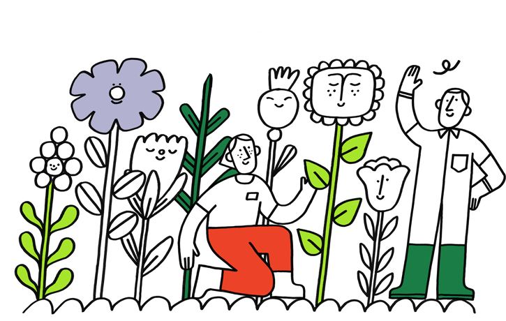 Illustration of flowers and people as a community