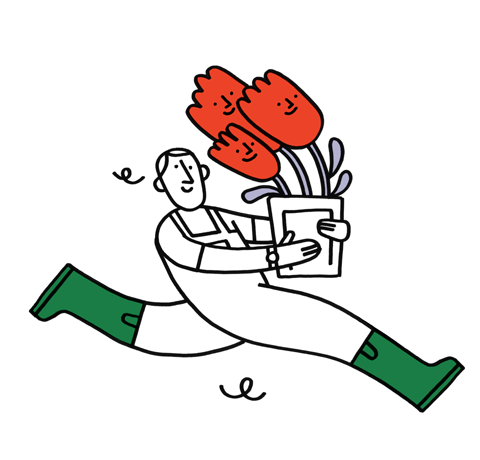 Illustration of a flower delivery man running with his flowers and his hat